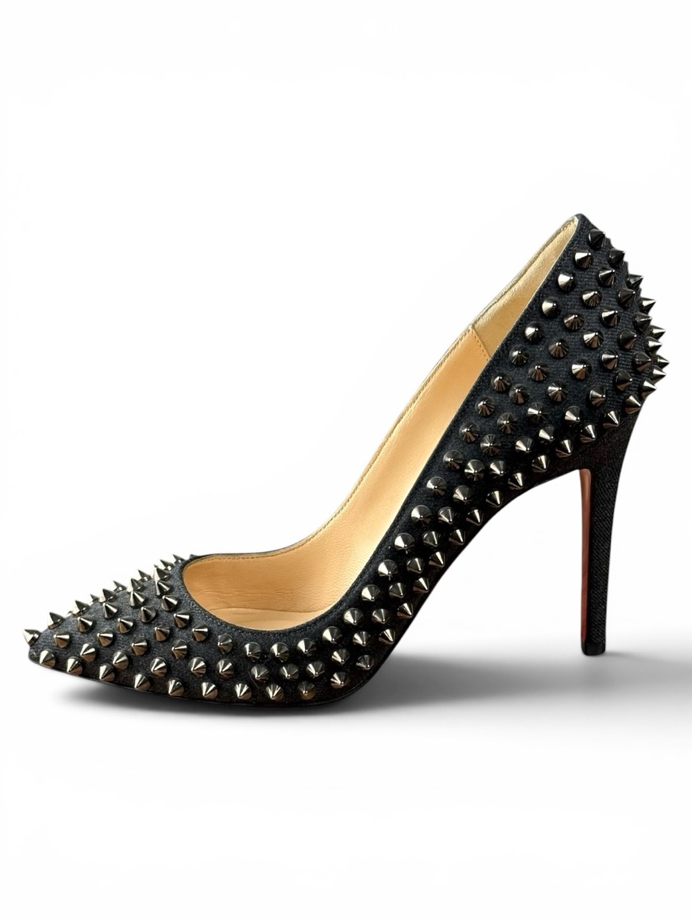 Christian Louboutin Denim Pigalle Follies Spikes Pointed Toe Pumps Size 35.5